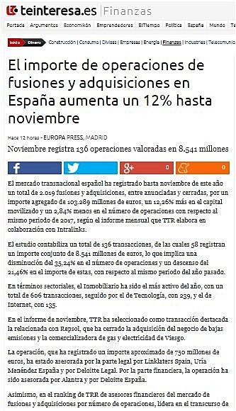 El importe de operaciones de fusiones y adquisiciones en Espaa aumenta un 12% hasta noviembre